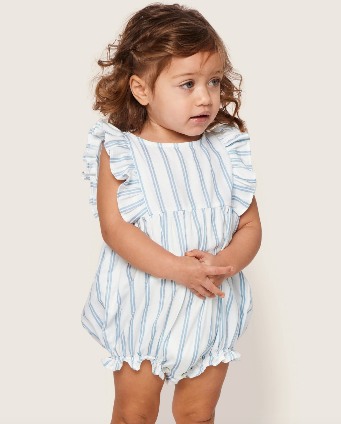 Baby's Twill Ruffled Romper in Periwinkle Stripe