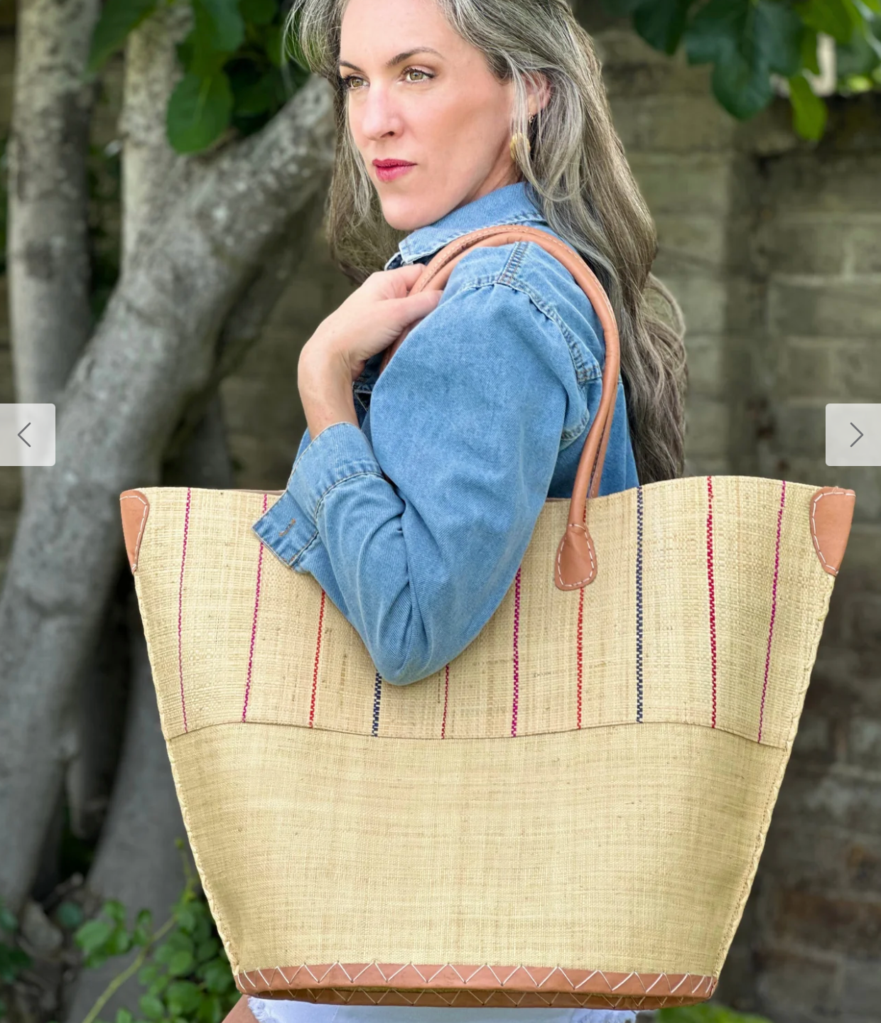 Santa Cruz Two Tone Pinstripes Large Straw Tote Bag