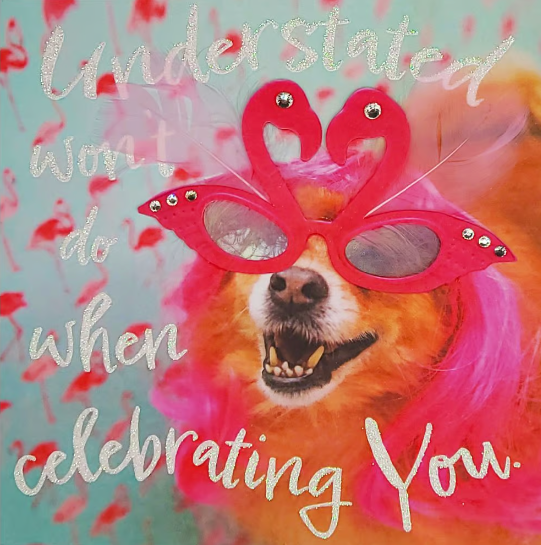 Dog in Flamingo Glasses Birthday Card