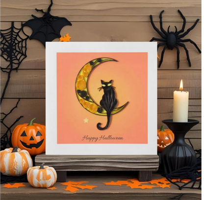Quilled Black Cat On Moon Halloween Card