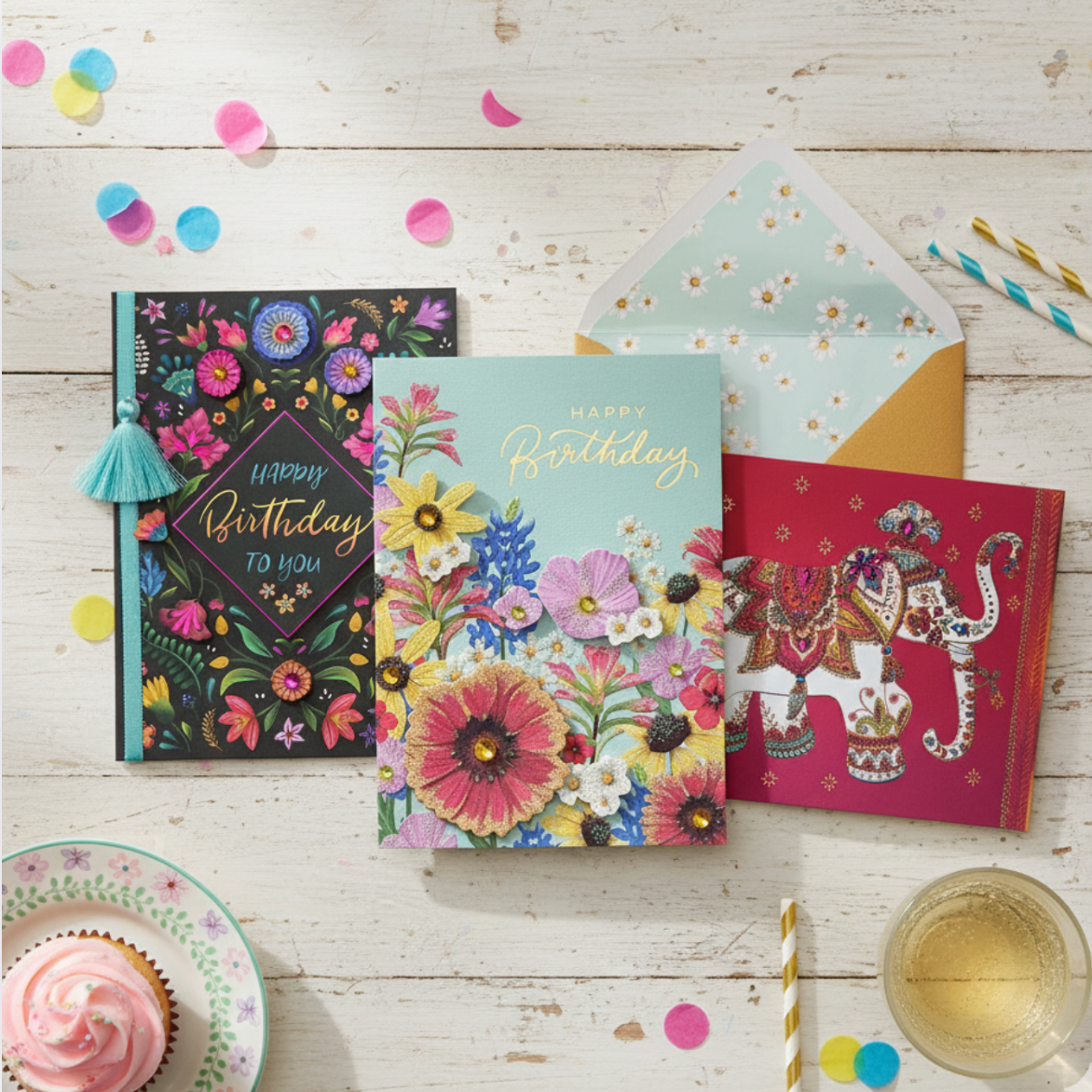 Floral on Black Birthday Card