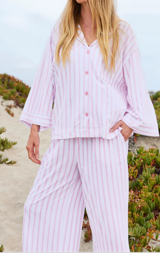 The Olivia Wide Leg Pima Pajama Set in Pink Stripe