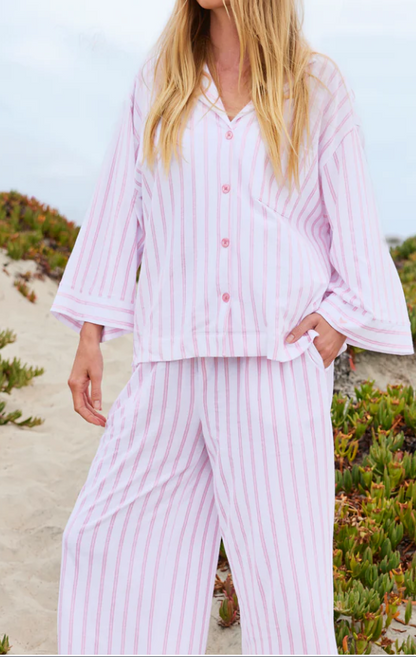 The Olivia Wide Leg Pima Pajama Set in Pink Stripe