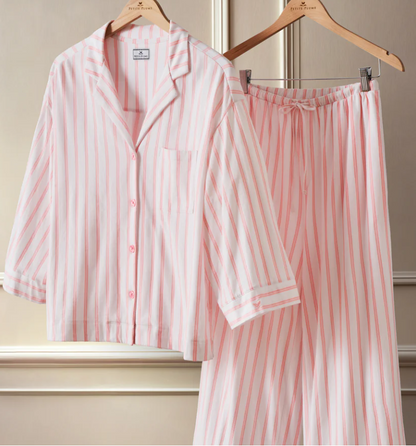 The Olivia Wide Leg Pima Pajama Set in Pink Stripe