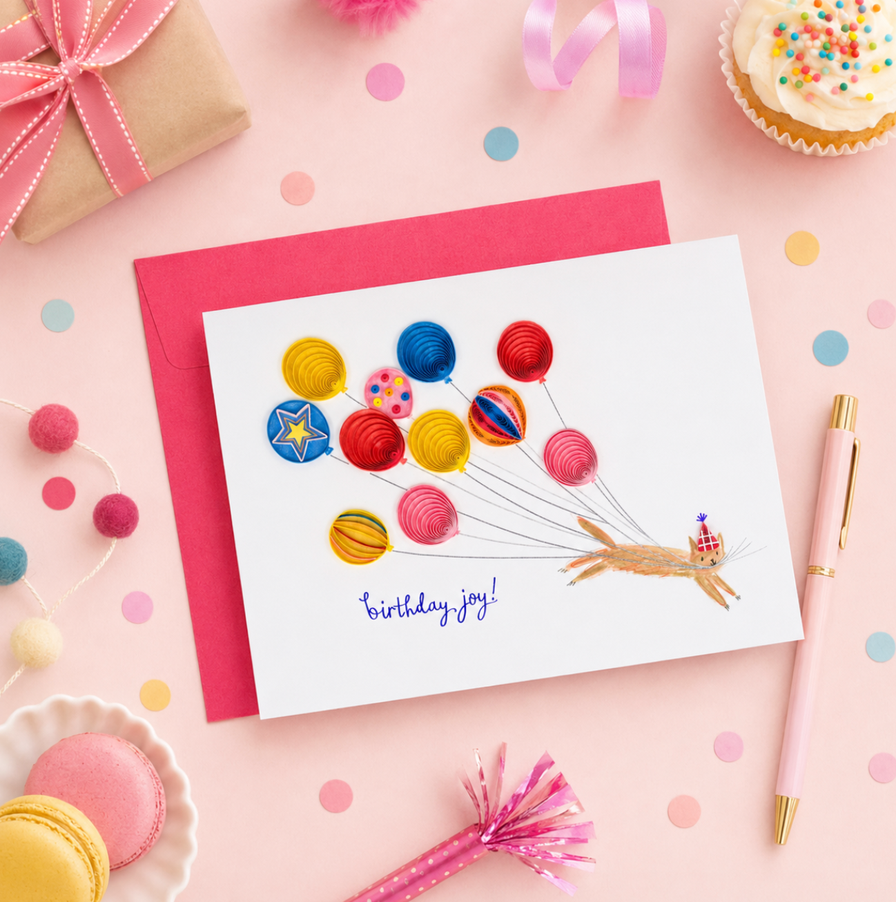 Quilled Cat with Balloons Birthday Card NEW