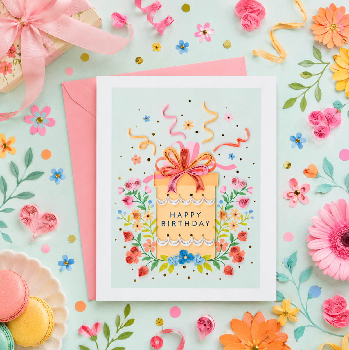 Quilled Present and Flowers Birthday Card NEW
