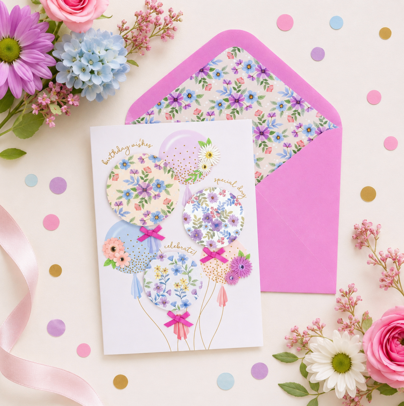 Floral Balloons Birthday Card NEW