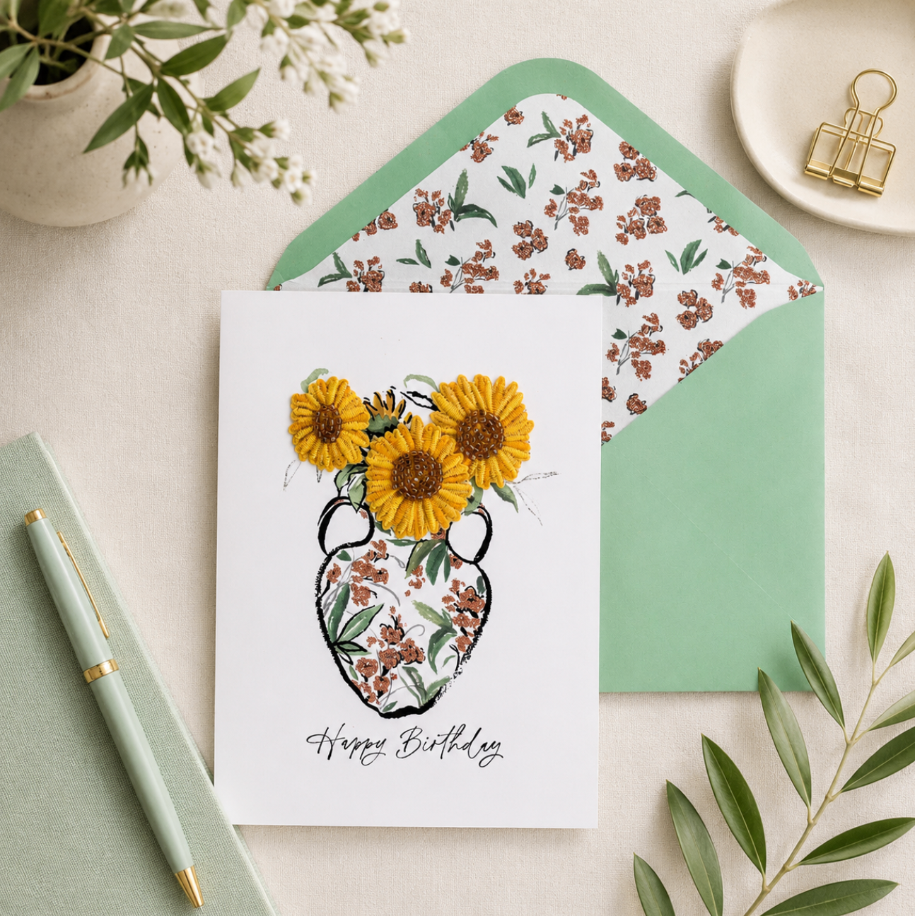 Embroidered Sunflowers Birthday Card NEW
