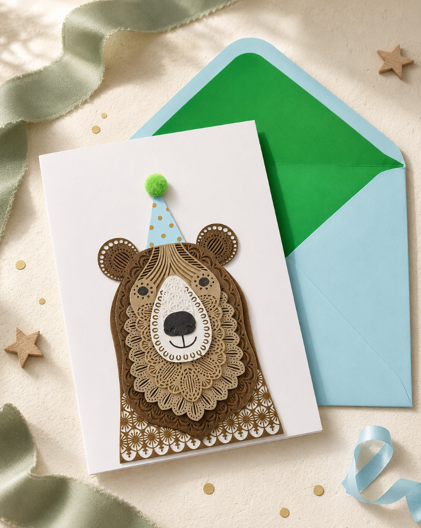 Laser Cut Bear With Hat Birthday Card
