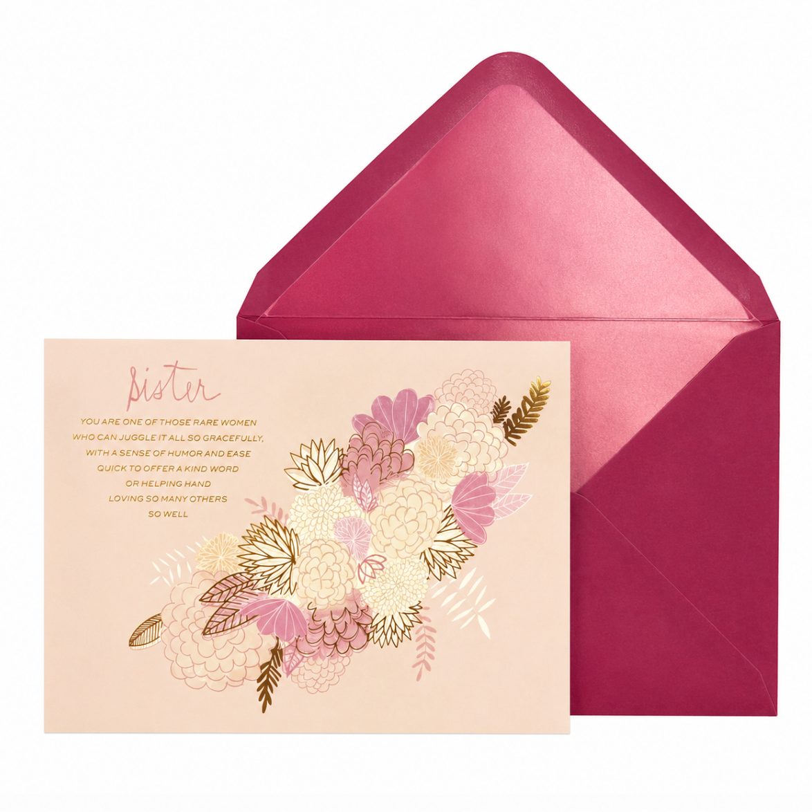 Sister Pink Flowers With Foil Birthday Card