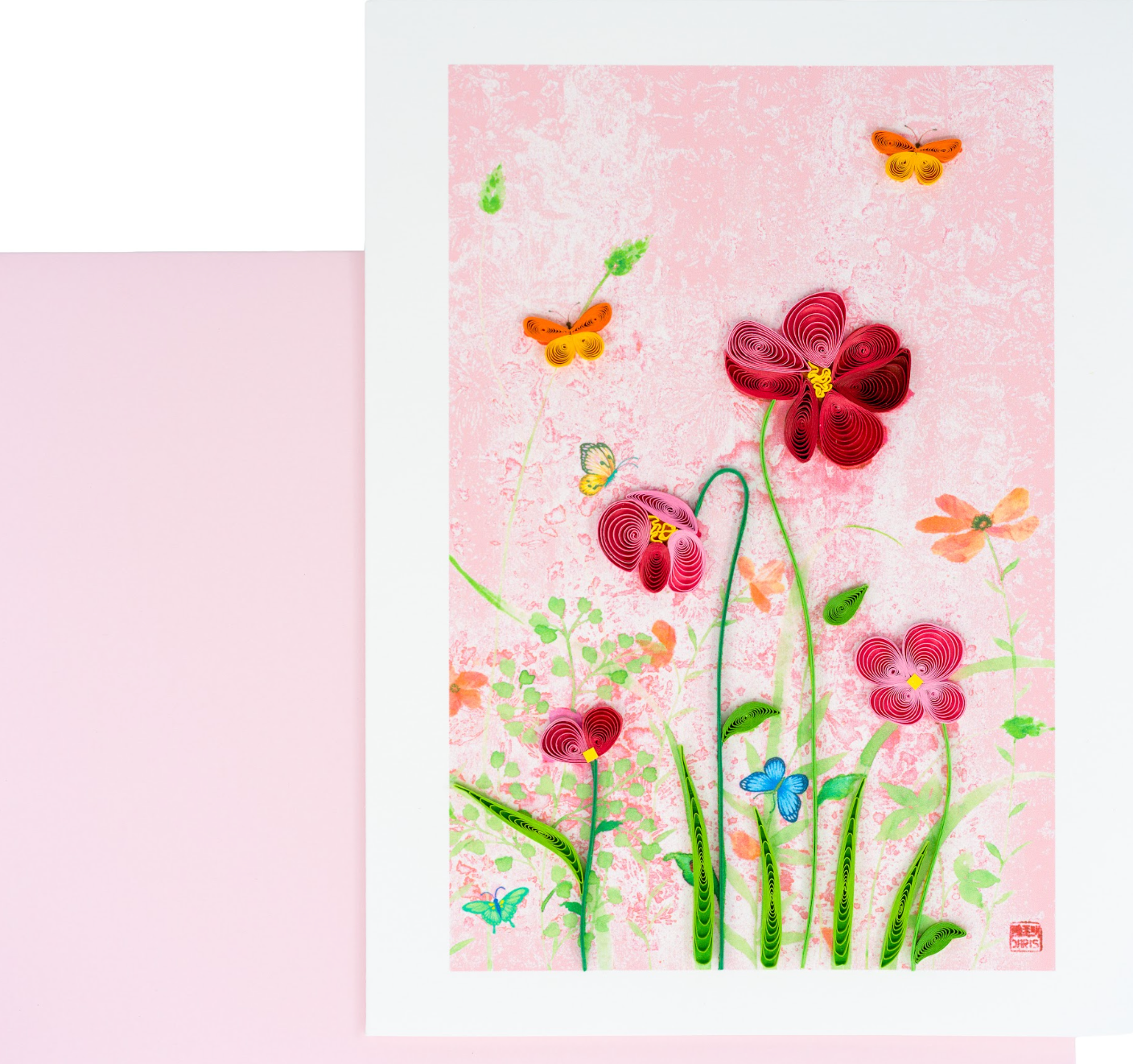 Quilled Pink Flowers Butterfly Blank Card
