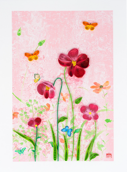 Quilled Pink Flowers Butterfly Blank Card