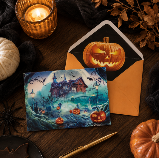 3-D Haunted House Scene Halloween Card