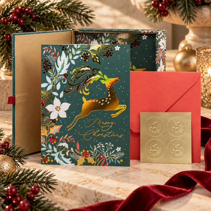 Leaping Deer with Foliage Christmas Boxed Cards