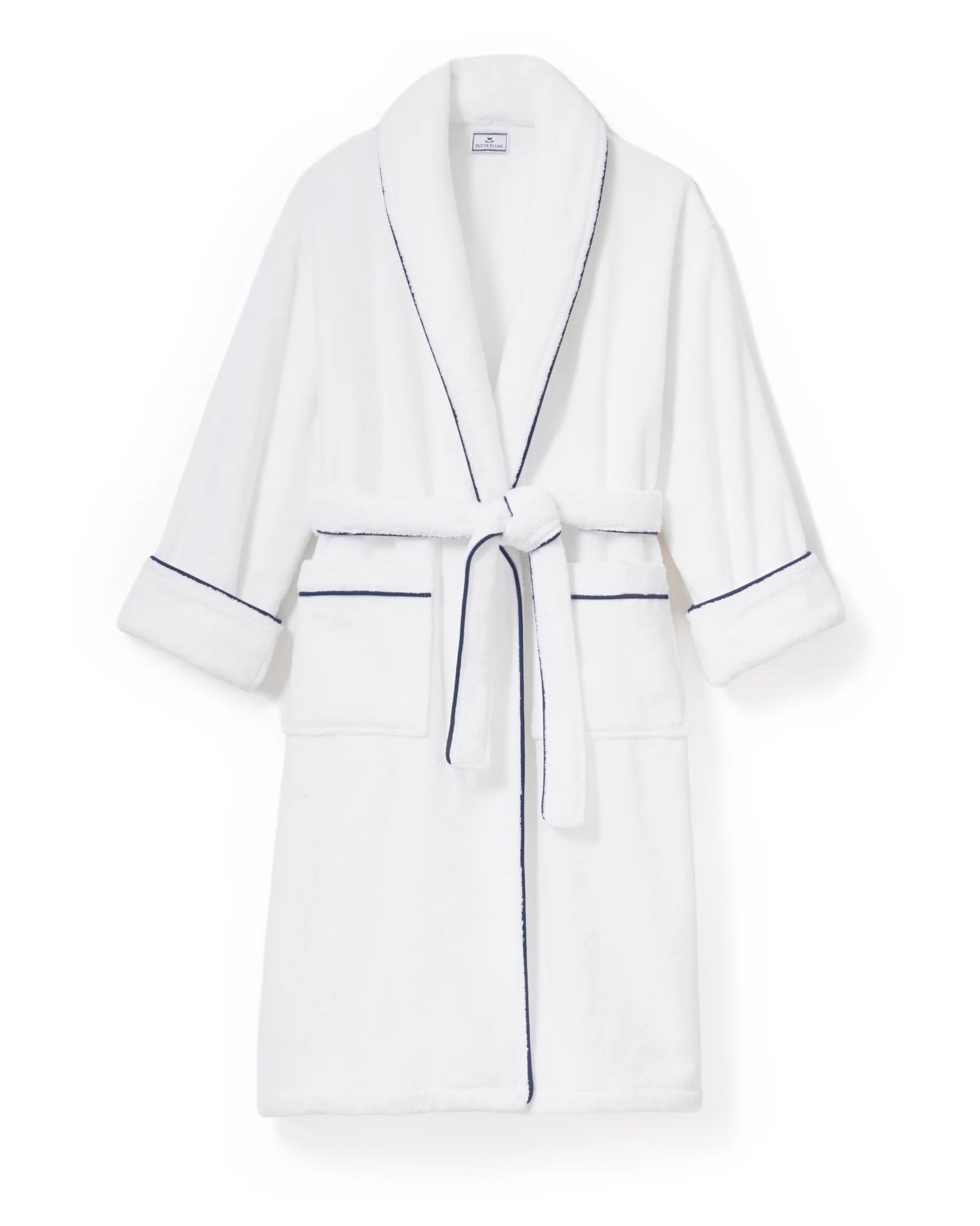 Unisex Luxe Terry Robe in White with Navy Piping
