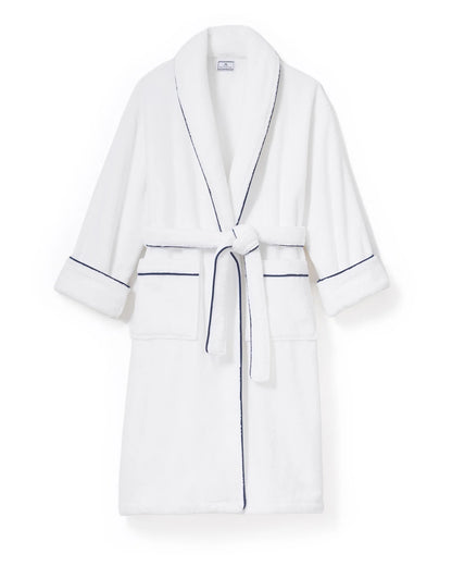 Unisex Luxe Terry Robe in White with Navy Piping