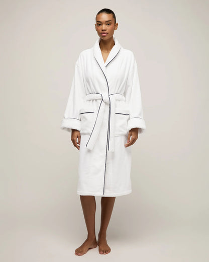 Unisex Luxe Terry Robe in White with Navy Piping