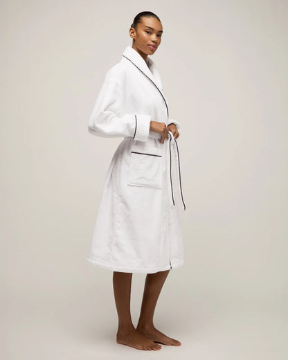 Unisex Luxe Terry Robe in White with Navy Piping