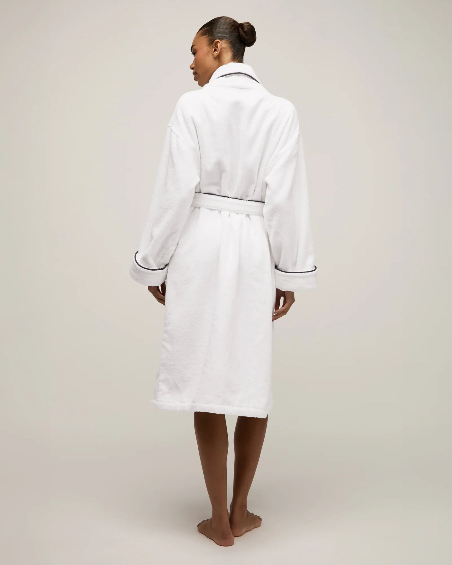 Unisex Luxe Terry Robe in White with Navy Piping
