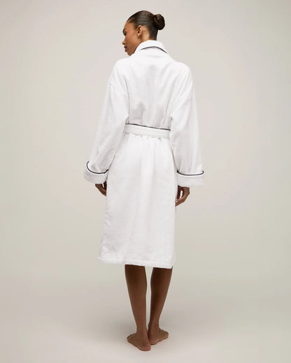 Unisex Luxe Terry Robe in White with Navy Piping