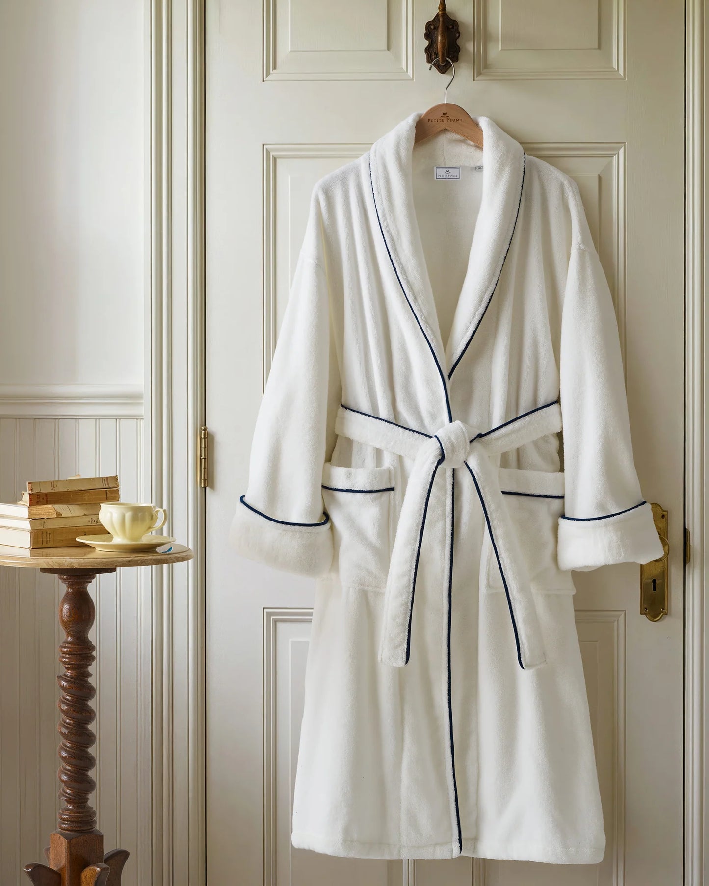Unisex Luxe Terry Robe in White with Navy Piping