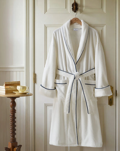 Unisex Luxe Terry Robe in White with Navy Piping