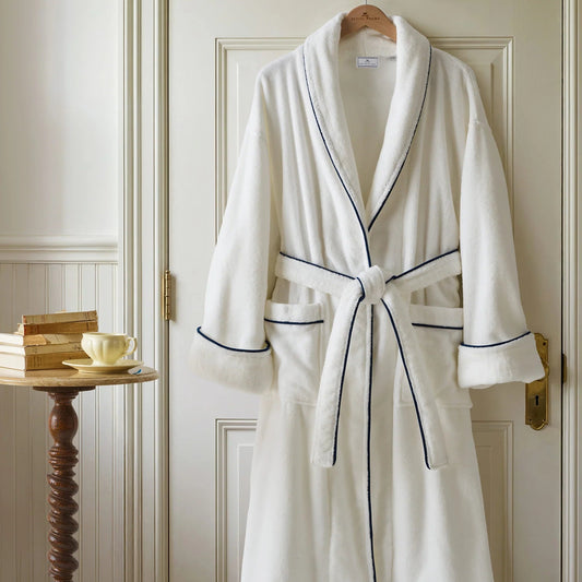 Unisex Luxe Terry Robe in White with Navy Piping