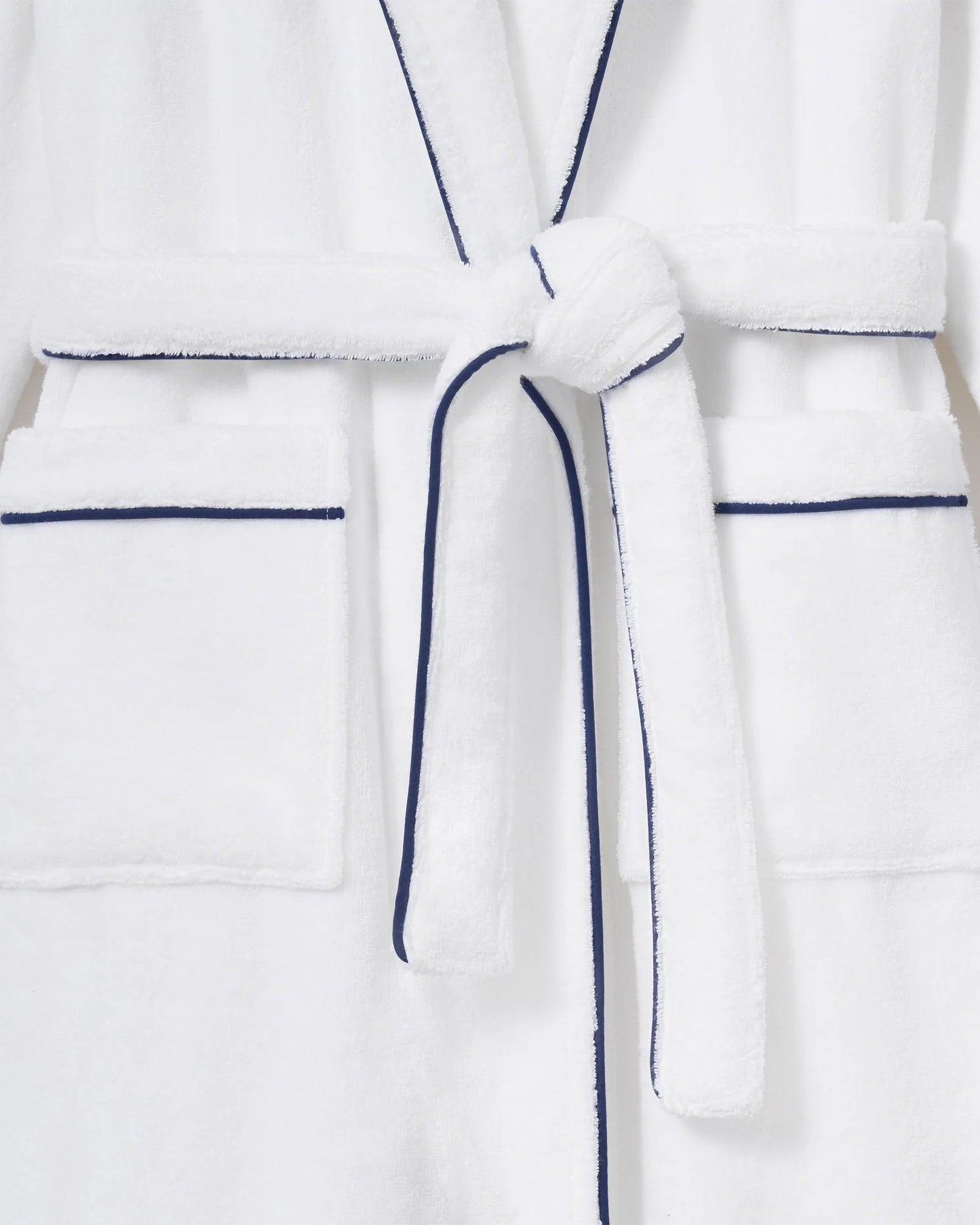 Unisex Luxe Terry Robe in White with Navy Piping