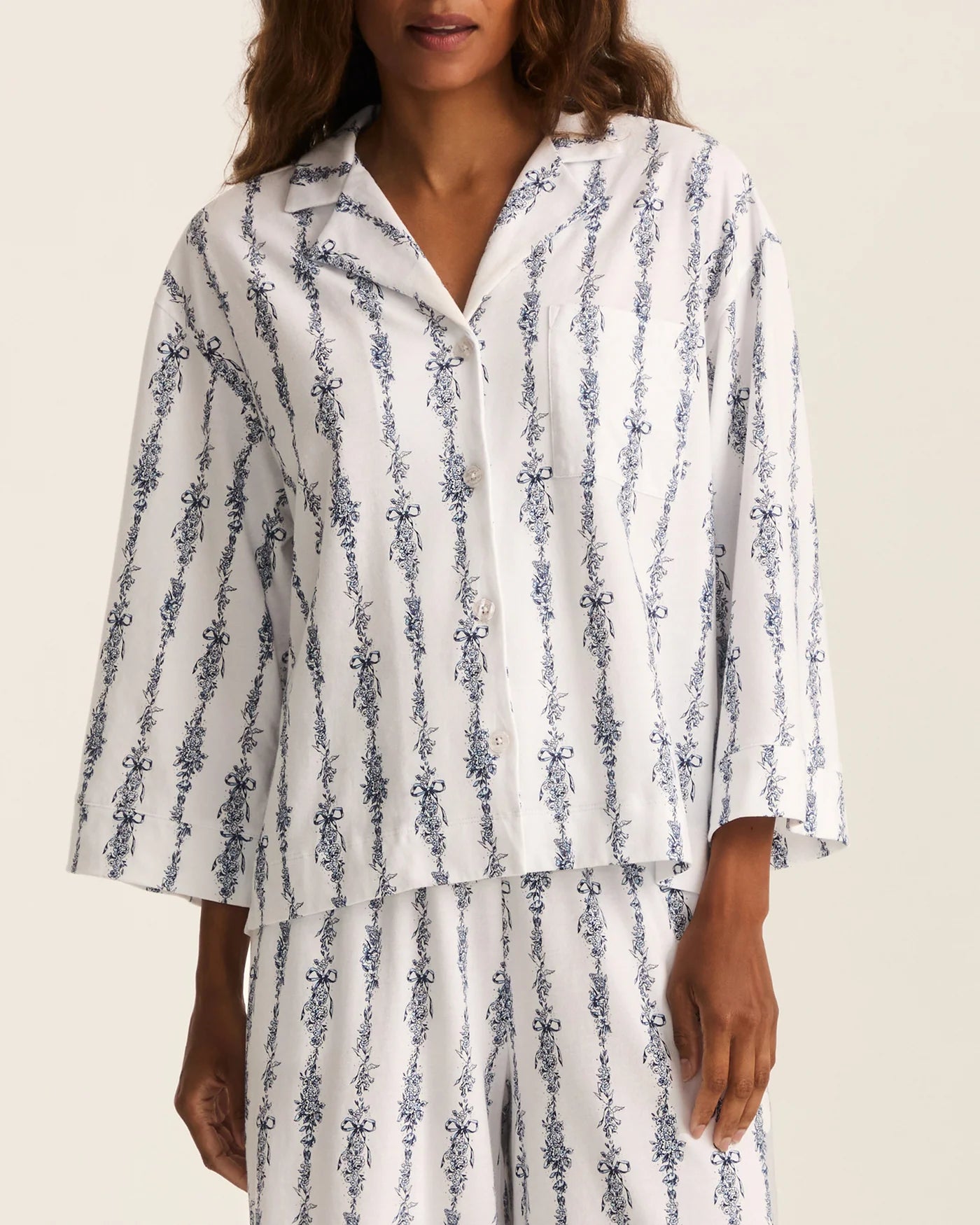 Olivia Wide Leg Pima Pajama Set in Navy Mayfair Toile