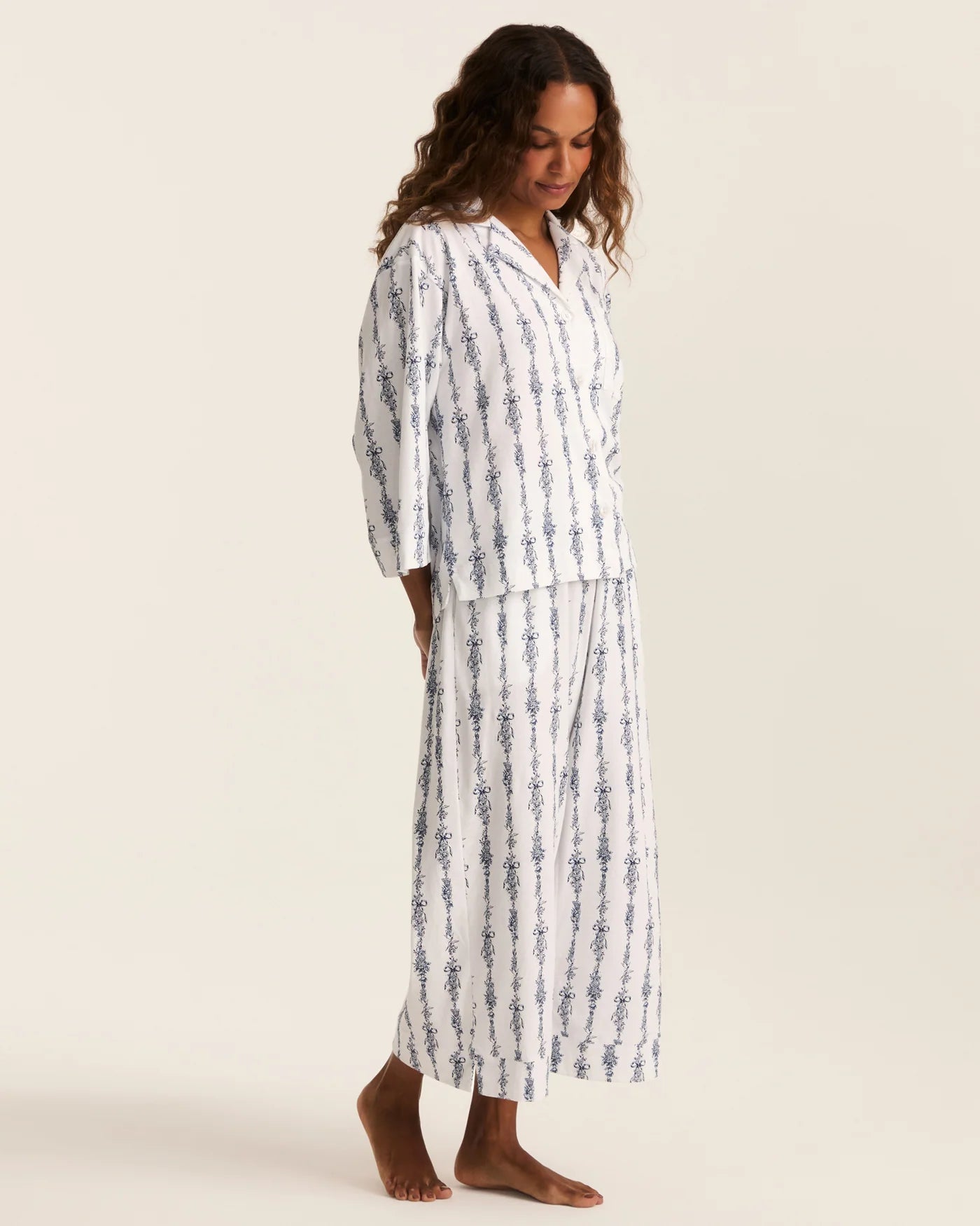 Olivia Wide Leg Pima Pajama Set in Navy Mayfair Toile