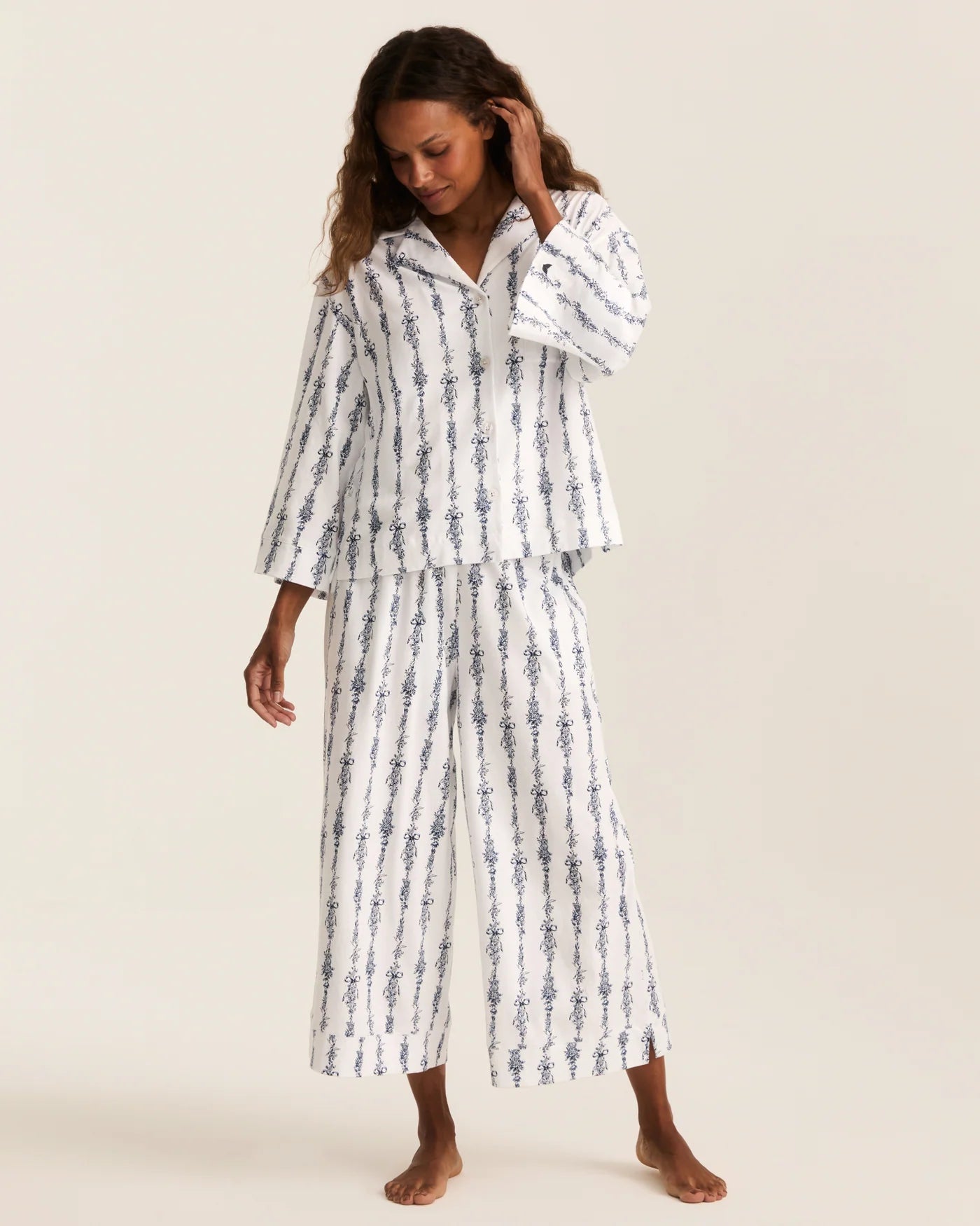 Olivia Wide Leg Pima Pajama Set in Navy Mayfair Toile