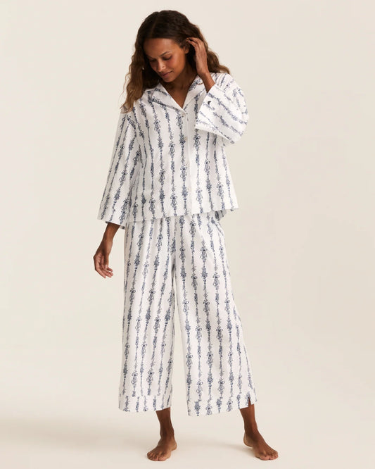 Olivia Wide Leg Pima Pajama Set in Navy Mayfair Toile
