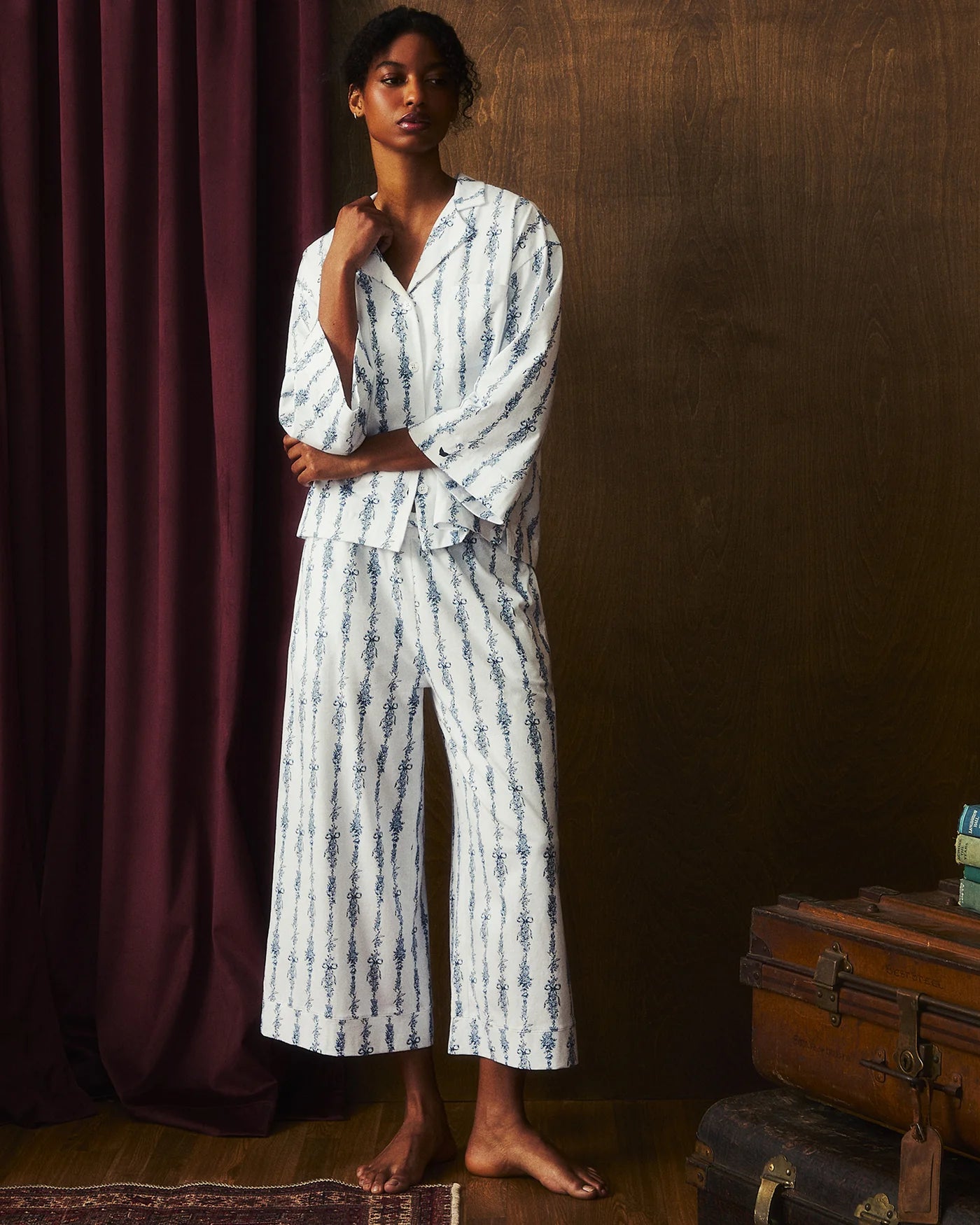 Olivia Wide Leg Pima Pajama Set in Navy Mayfair Toile