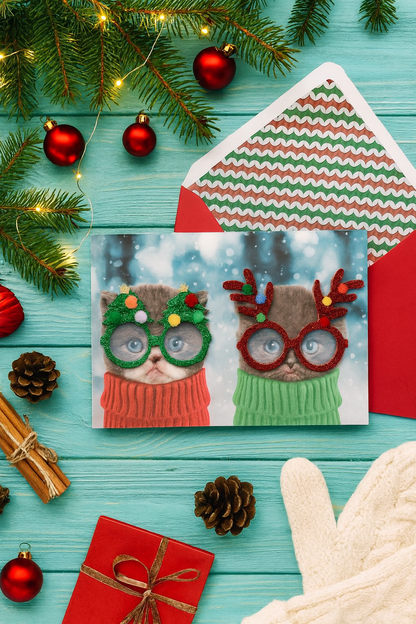 Two Kittens in Christmas Glasses Christmas Card